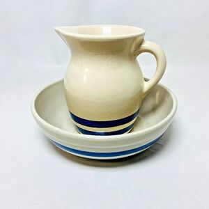Robinson Ransbottom‎ Roseville Ohio Pottery Stoneware Pitcher Bowl Blue Stripes